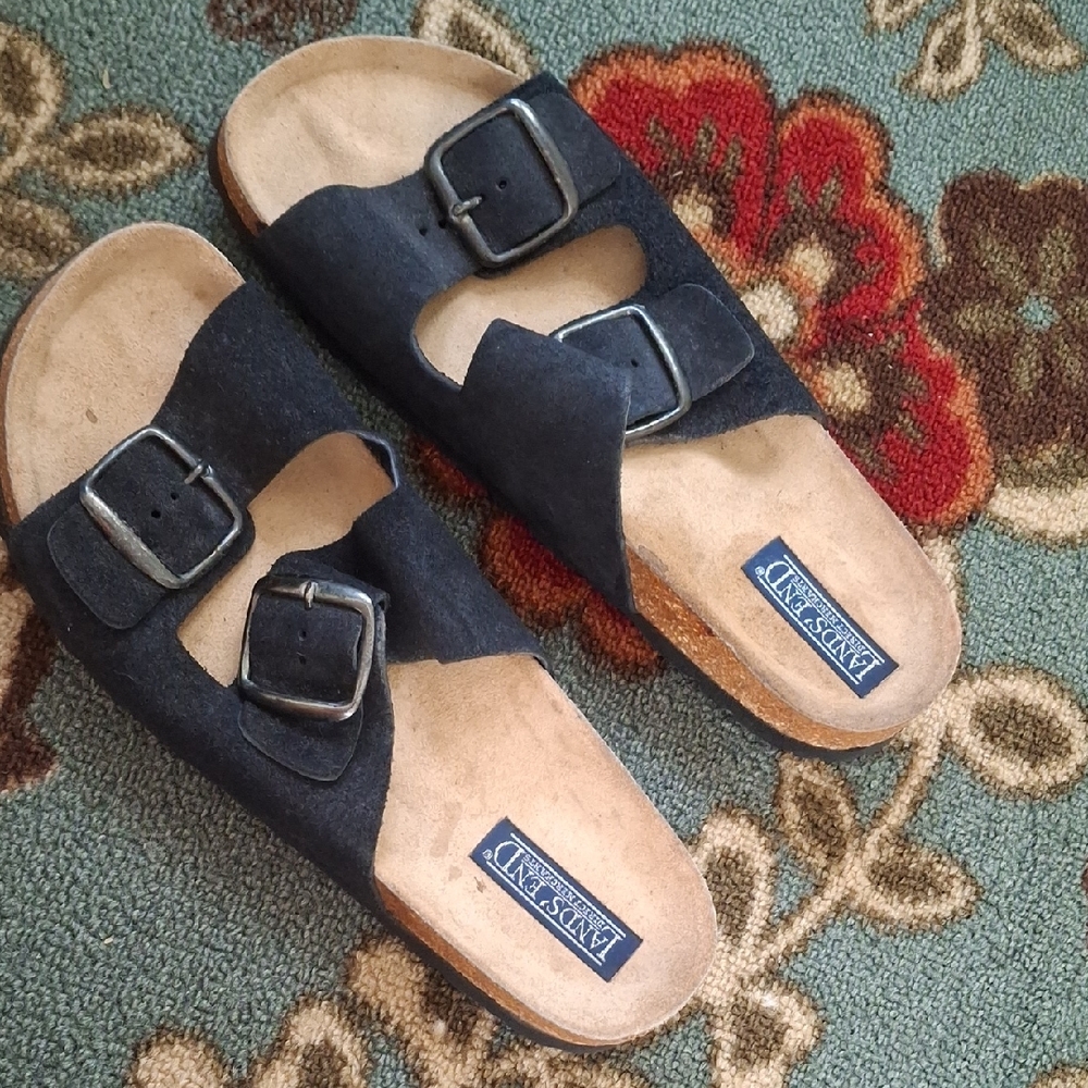 Lands'end Black Suede Double Buckle Sandals Size 6